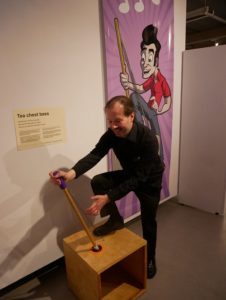 Mark playing the tea chest bass at the exhibition